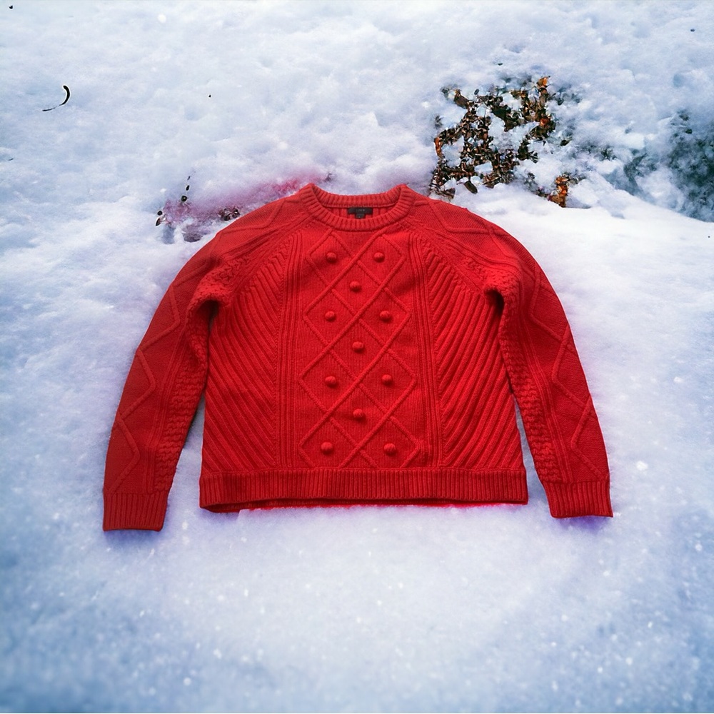 NWT J. Crew Hawthorne Cable Knit Pom Pom Wool Sweater Size L - Picture 2 of 8